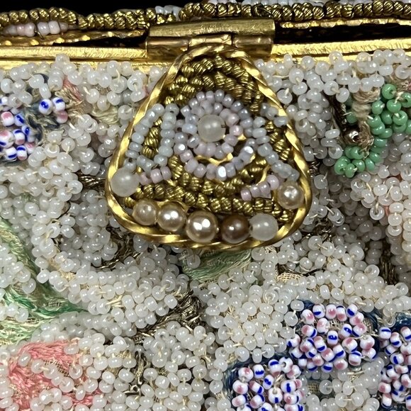 Vintage est. 1940s–50s Delill Beaded Evening Bag Floral Seed Bead Purse - Picture 3 of 6